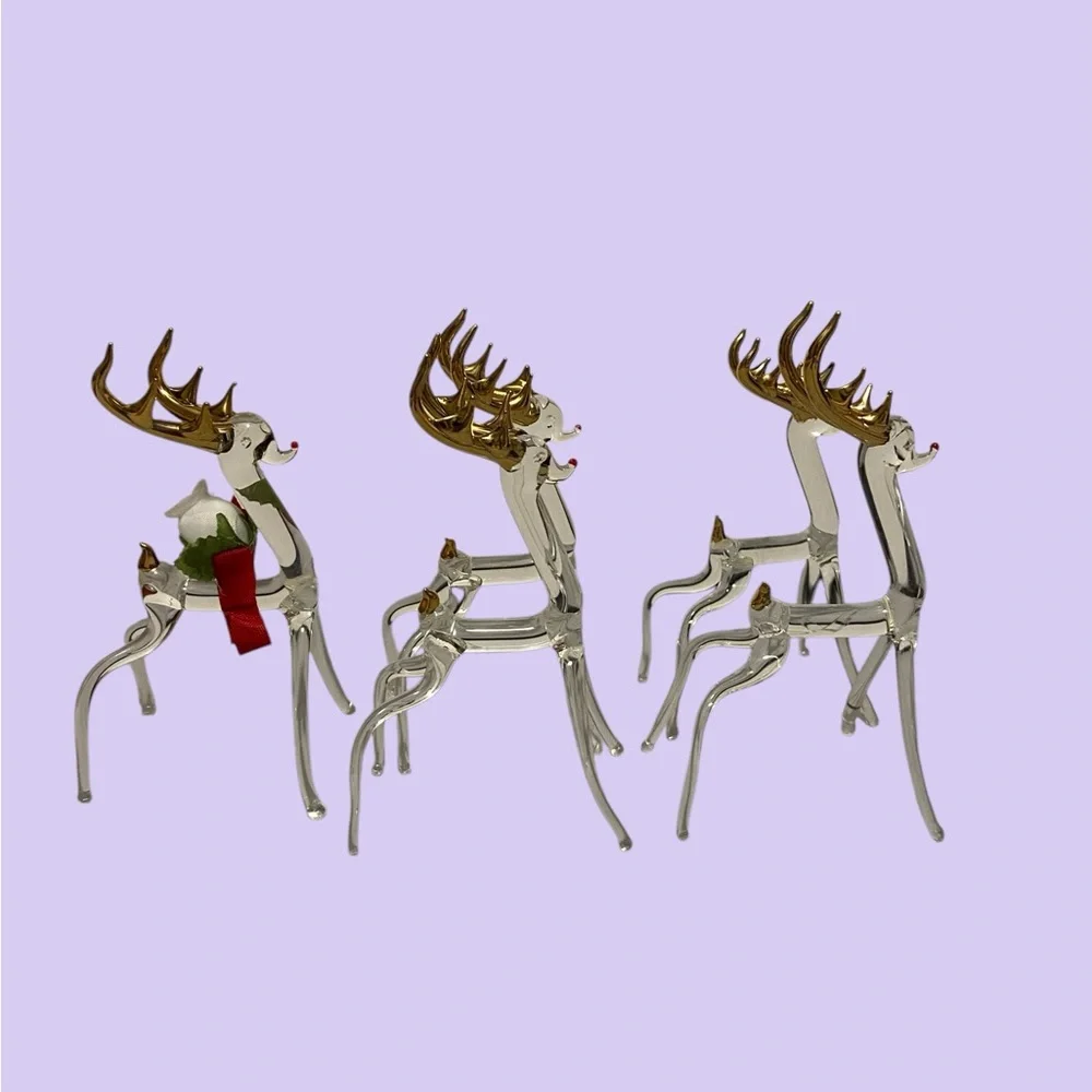 Vintage Reindeer 22 K Gold Overlay Hand Blown Glass Reindeer 5 Piece Set Clear